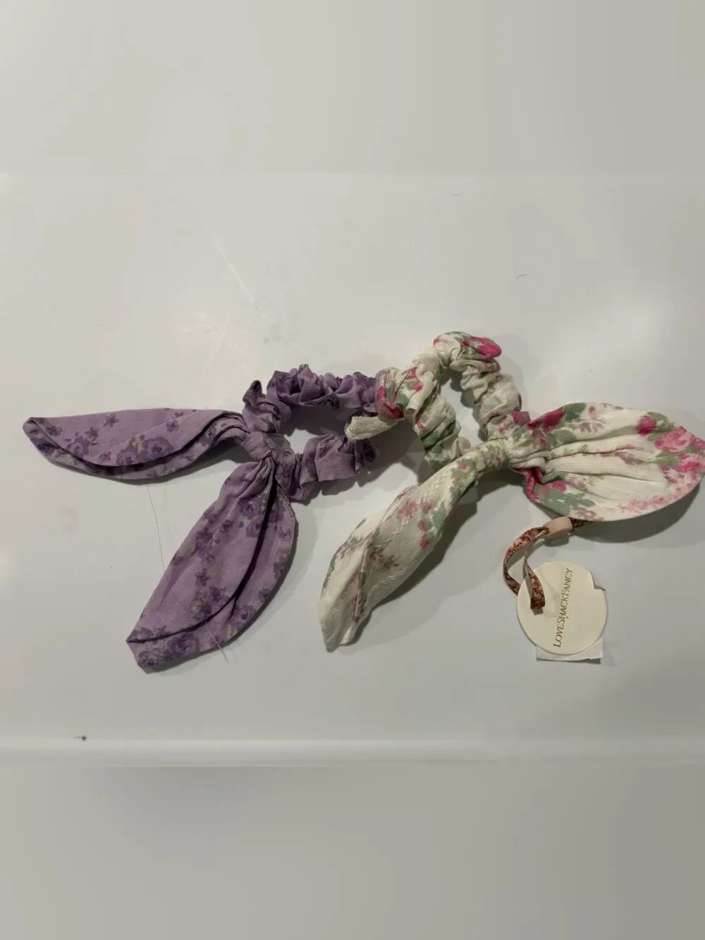 LoveShackFancy Lavender and Cream Floral Bow Scrunchie Duo